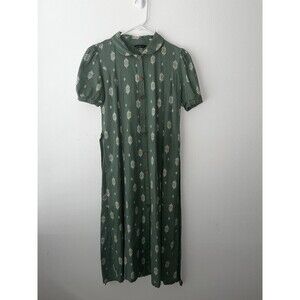 Women Green Floral Collared Button Front Puff Short Sleeve Midi A-Line Dress XS